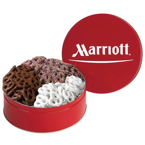Large, 3-way pretzel tin filled with milk chocolate, sprinkle and yogurt... from ASI 71685 Midnite Snax®