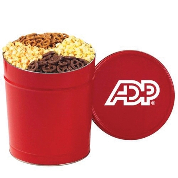 3.5 gallon ultimate snack tin filled with flavored popcorn, mini pretzels... from ASI 71685 Midnite Snax®