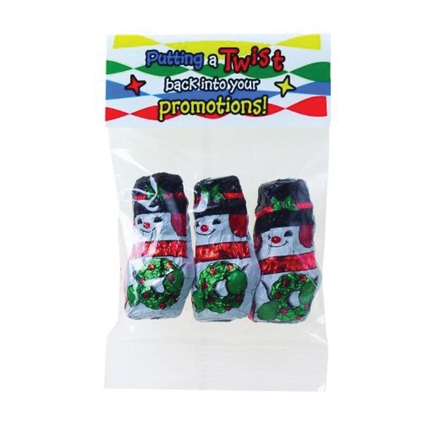 Customizable clear header bag filled with chocolate snowmen.... from ASI 71685 Midnite Snax®