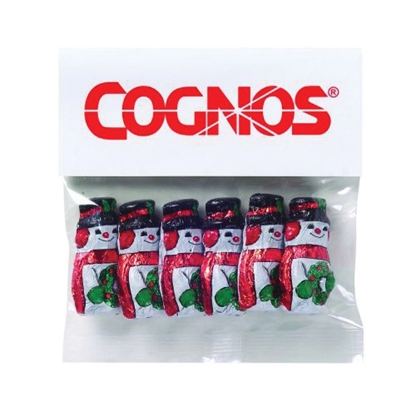 Customizable clear header bag filled with chocolate snowmen... from ASI 71685 Midnite Snax®
