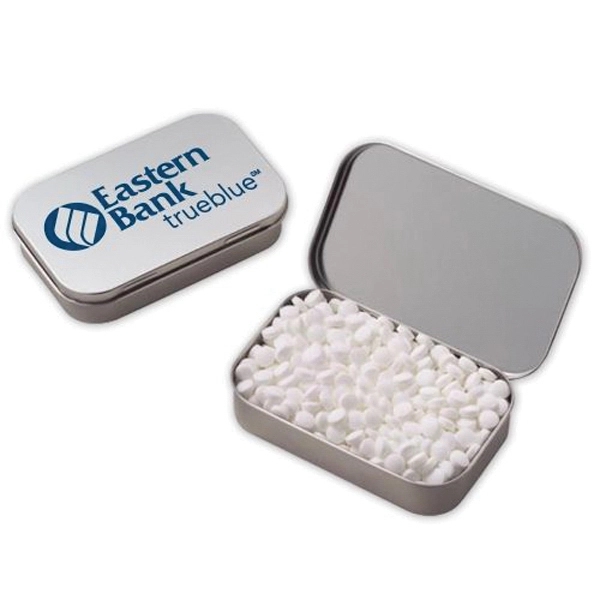 Large hinged tin filled with miniature sugar-free mints... from ASI 71685 Midnite Snax®