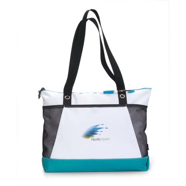 Polyester tote bag with zippered main compartment, front pocket, pen loop,... from ASI 56070 Gemline / Gemline®