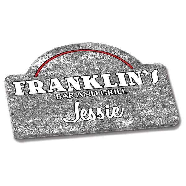 Custom shaped acrylic badge / name plate that measures 1/8" thick... from ASI 72521 Morris Magnets / Laser Cuts