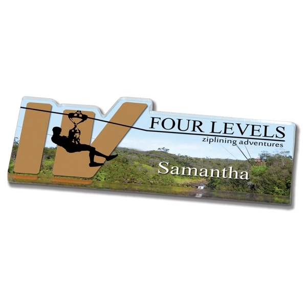 Custom shaped acrylic badge / name plate that measures 1/8" thick... from ASI 72521 Morris Magnets / Laser Cuts