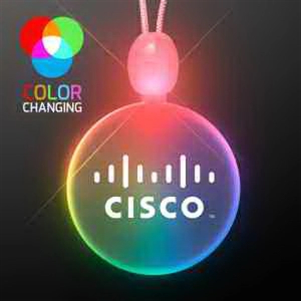 Circle acrylic necklace with imprint and 3 light up functions.... from ASI 34194 ALightPromos / Alight Promotional Products