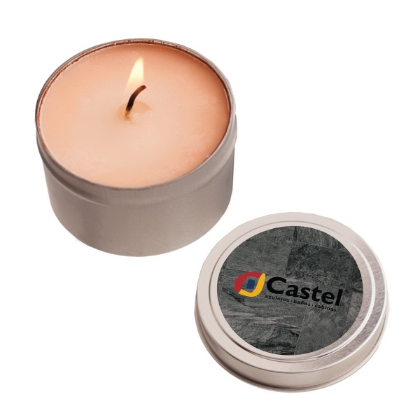 Eco-friendly 2 oz. round tin soy candle (Mango and Papaya).... from ASI 61125 Hit Promotional Products / Admints & Zagabor
