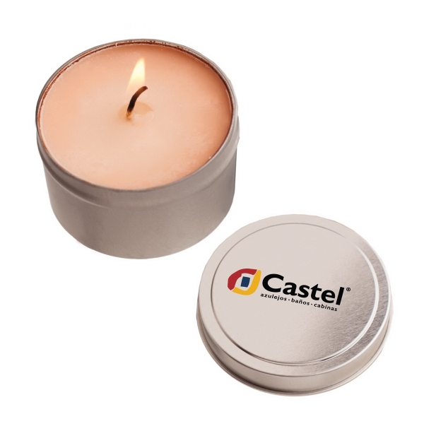 Eco-friendly 2 oz. round tin soy candle (Mango and Papaya).... from ASI 61125 Hit Promotional Products / Admints & Zagabor