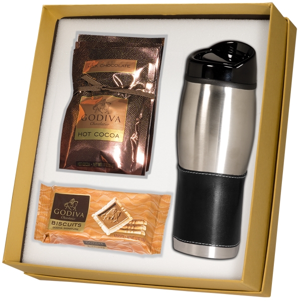 Gift set; with a leather wrapped tumbler, hot chocolate and biscuits... from ASI 79530 Prime Line / Prime Line