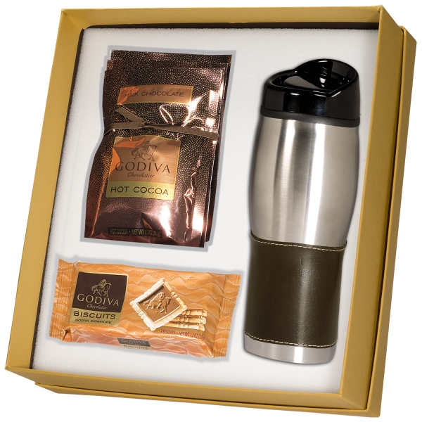Gift set; with a leather wrapped tumbler, hot chocolate and biscuits... from ASI 79530 Prime Line / Prime Line