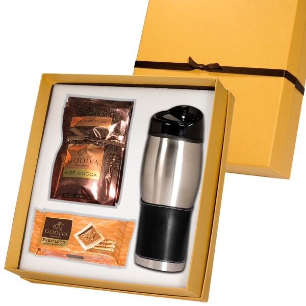 Gift set; with a leather wrapped tumbler, hot chocolate and biscuits... from ASI 79530 Prime Line / Prime Line