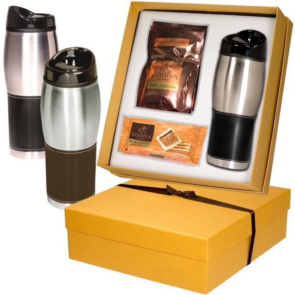 Gift set; with a leather wrapped tumbler, hot chocolate and biscuits... from ASI 79530 Prime Line / Prime Line