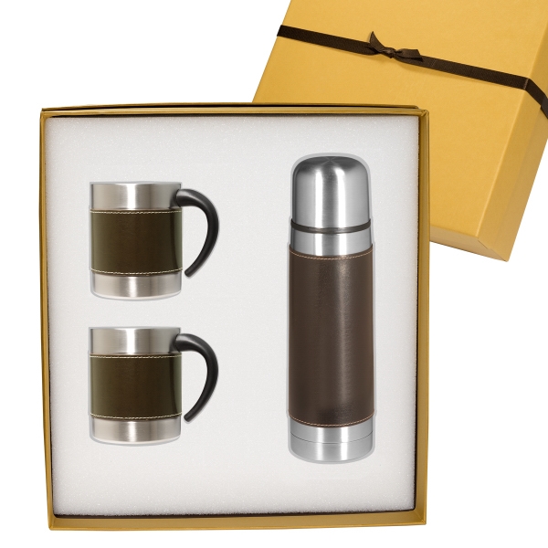 Leather-stainless thermos and two coffee cups.... from ASI 34063 alphabroder