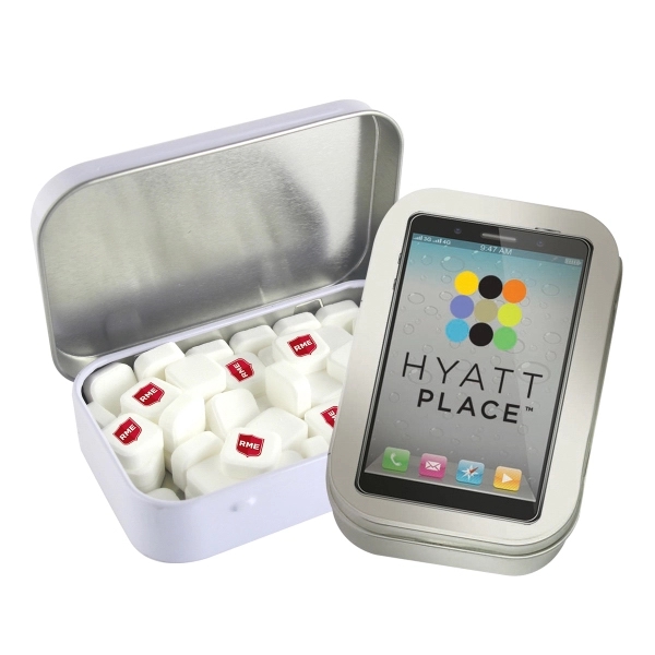 Rectangular tin with imprinted square mints.... from ASI 44900 NC Custom (CI/Lanco) / Chocolate Inn