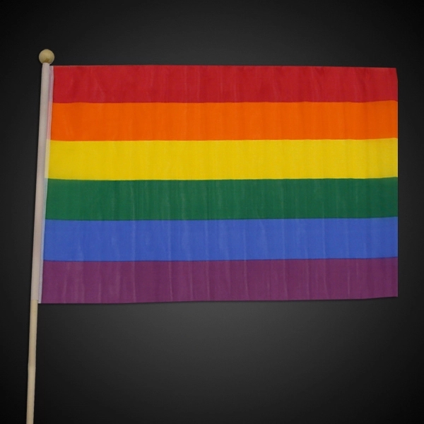 12" x 18" plastic rainbow-colored flag with 23" wooden stick... from ASI 42016 Brighter Promotions Inc