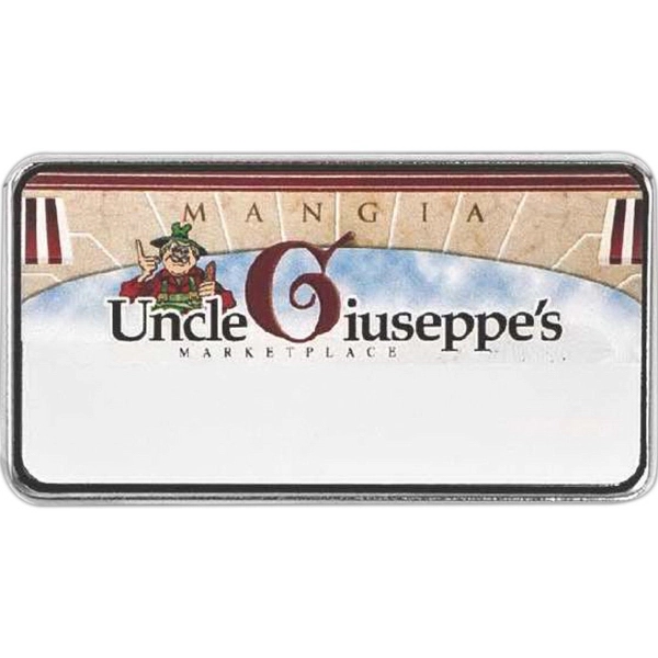1/16" thick rectangular badge with a pin backing closure.... from ASI 59080 Halls & Company