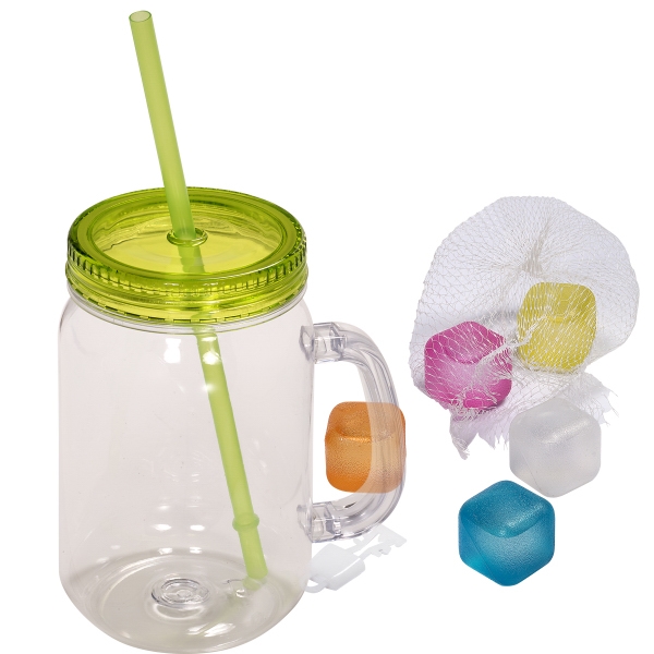 Colored reusable ice cubes and a mason jar with a straw... from ASI 79530 Prime Line / Prime Line