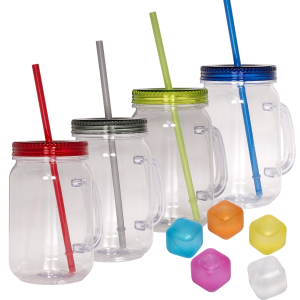 Colored reusable ice cubes and a mason jar with a straw... from ASI 79530 Prime Line / Prime Line