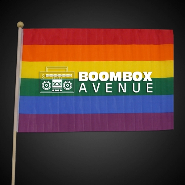 12" x 18" plastic rainbow-colored flag with 23" wooden stick... from ASI 42016 Brighter Promotions Inc