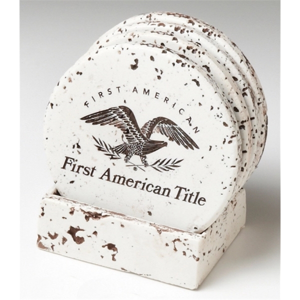 Four piece round travertine coasters with base.... from ASI 89860 StoneyCreek / StoneyCreek®