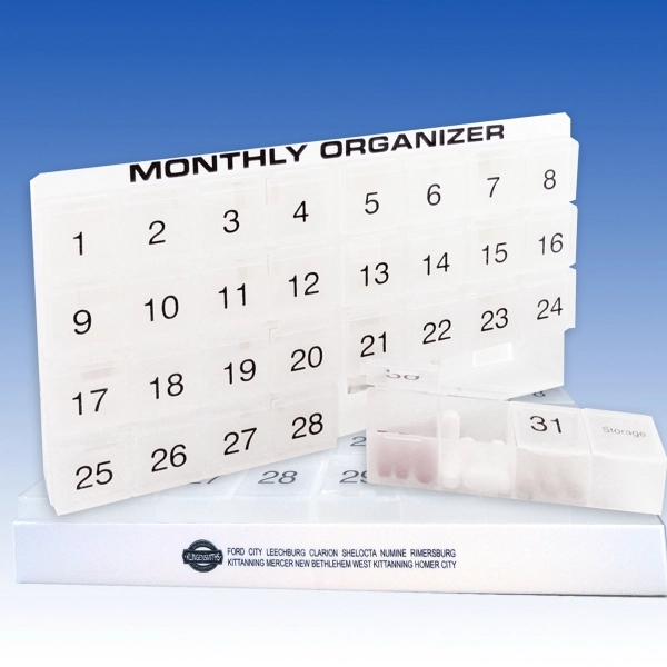 Monthly pill organizer with removable 4-day compartments for portability.... from ASI 92977 UniversalPromo, Inc / UP Line