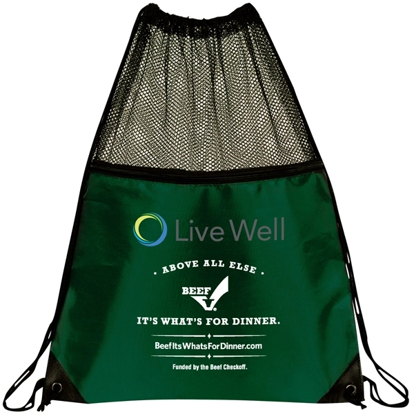 210D mesh drawstring backpack with front zipper pocket, full mesh top... from ASI 39820 Opusline (Benmex) / Opus Line