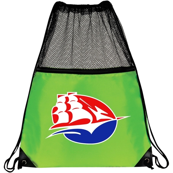 210D mesh drawstring backpack with front zipper pocket, full mesh top... from ASI 39820 Opusline (Benmex) / Opus Line