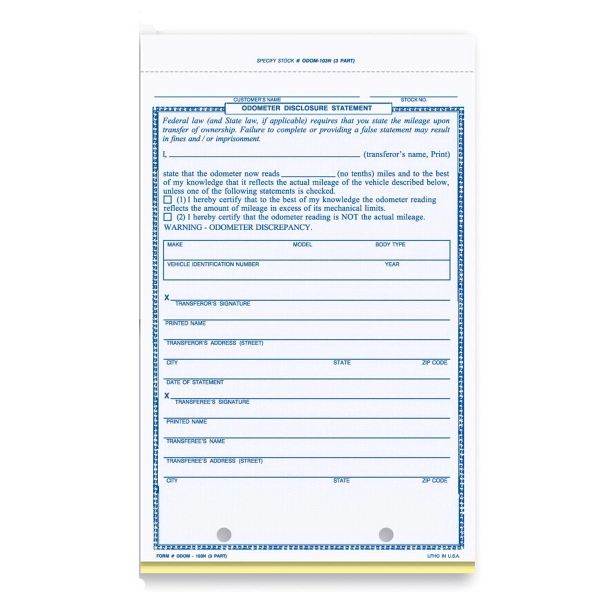 Blank carbonless snap-a-part Odometer Disclosure Statement. Not available imprinted for numbered.... from ASI 52493 Ennis Inc