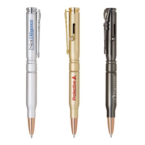 Brass bolt action ballpoint pen featuring a bullet shaped barrel with... from ASI 90859 Tempo Industries Inc / Tempoline