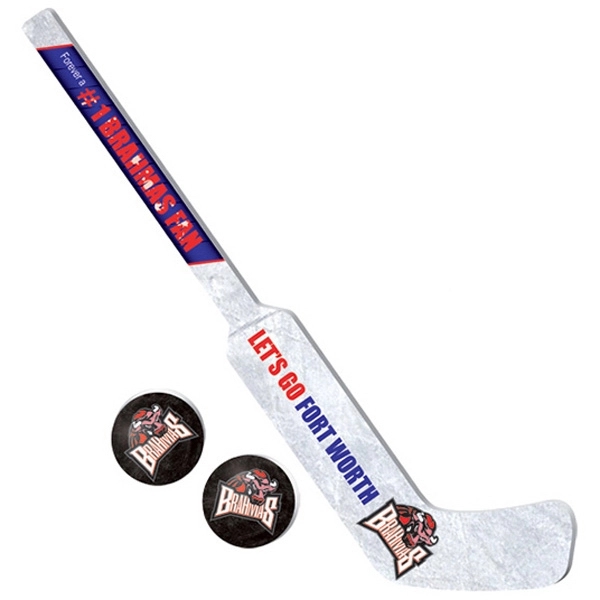 23" long miniature goalie stick and two 3" diameter hockey pucks... from ASI 68207 MAC Specialties Ltd / Sport Products