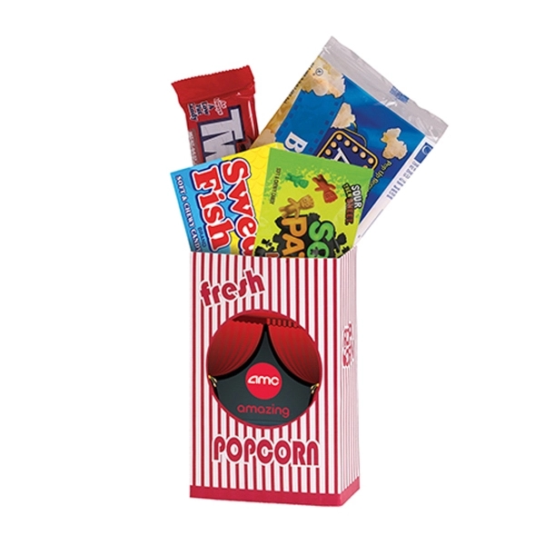 Striped movie snack box featuring Twizzlers®, Sour Patch® Kids, Swedish Fish®... from ASI 71685 Midnite Snax®