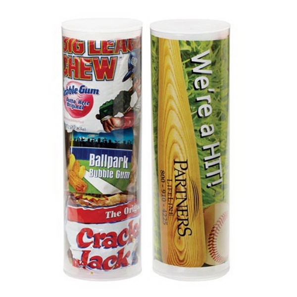 Small tube with baseball themed snacks. 3" dia. x 9.69" h.... from ASI 71685 Midnite Snax®