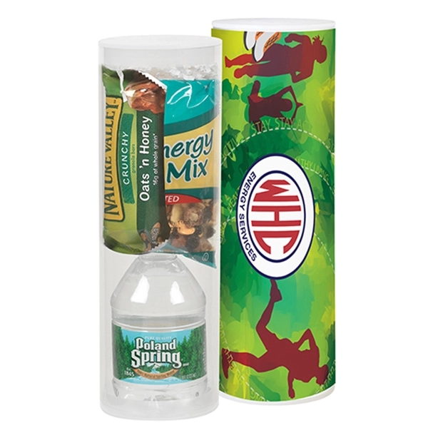 Healthy snacks tube with water, granola bar, trail mix and 4-color... from ASI 71685 Midnite Snax®