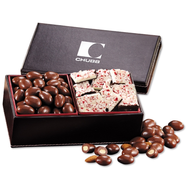faux leather gift box filled with chocolate covered almonds and peppermint... from ASI 68680 Maple Ridge Farms Inc / Maple Ridge Farms