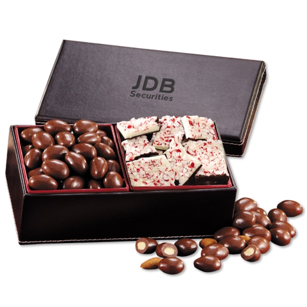 faux leather gift box filled with chocolate covered almonds and peppermint... from ASI 68680 Maple Ridge Farms Inc / Maple Ridge Farms