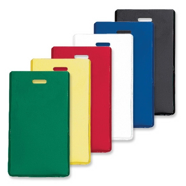 Custom printed, brightly colored luggage tag holders made from semi-rigid vinyl... from ASI 79898 Promovision / PROMOVISION