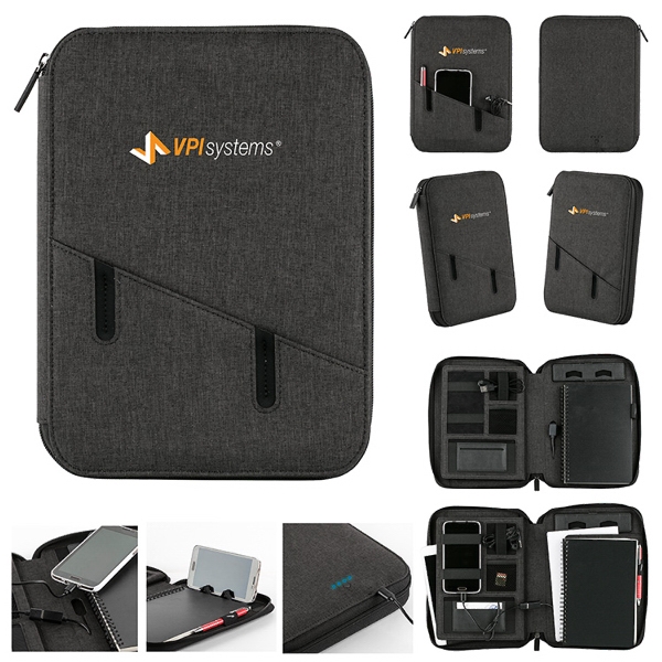 Linen full-zip portfolio with a built-in power bank, tech organizer, 50-sheet... from ASI 88060 Snugz/USA Inc / Sweda®