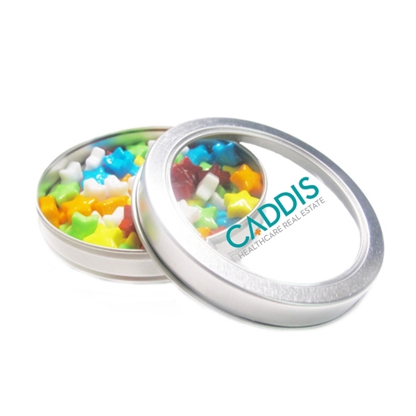 Top-view window tin filled with candy, Dimensions: 3 1/4" round x... from ASI 44900 NC Custom (CI/Lanco) / Lanco