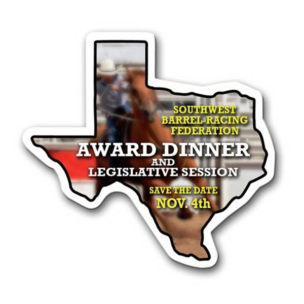 2.72" x 2.91" Texas state-shaped magnet with a four color imprint... from ASI 68507 The Magnet Group / Magnet LLC™