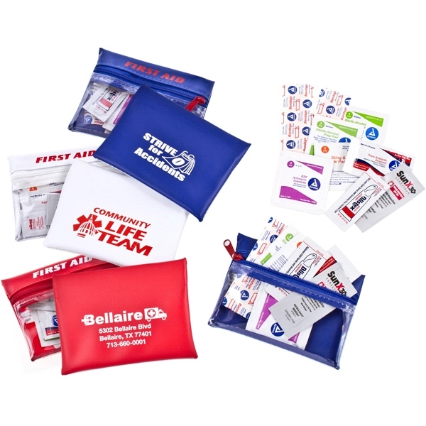 First aid kit contains bandages, alcohol pads, sunscreen lotion, Blistex and... from ASI 83770 Royal Industries / Waldor
