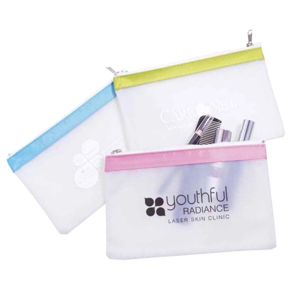 Pearl white vinyl cosmetic bag accented with designer pastel nylon band.... from ASI 83770 Royal Industries / Waldor