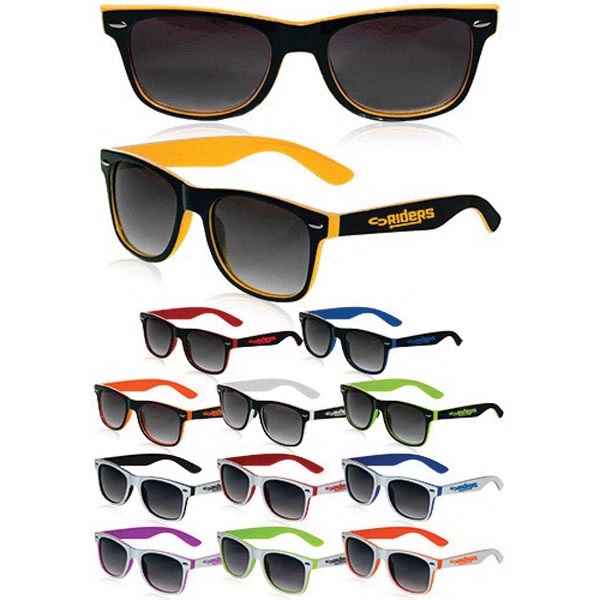 Adult-sized plastic sunglasses with UV ray protection in several two-tone colors.... from ASI 39552 BEL Promo