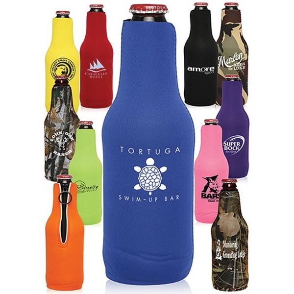Neoprene zippered bottle coolies measuring 7.5" with sharkskin bottoms.... from ASI 39552 BEL Promo