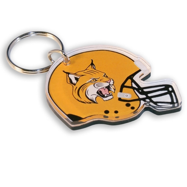Football helmet shaped acrylic keychain with 1" split ring and customization.... from ASI 72521 Morris Magnets / Laser Cuts