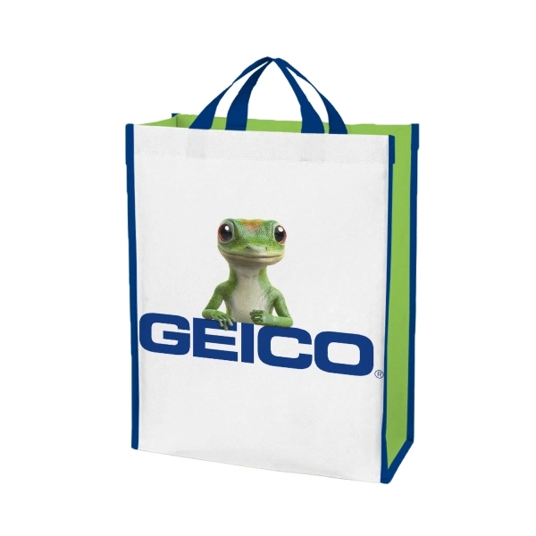 100 GSM polypropylene laminated grocery tote measuring 13.75" x 15.75" x... from ASI 45657 Pop! Promos