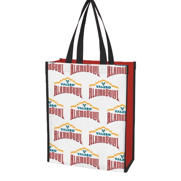 100 GSM polypropylene laminated grocery tote measuring 13.75" x 15.75" x... from ASI 45657 Pop! Promos