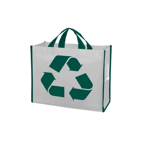 Recycled 100 GSM polypropylene laminated tradeshow tote measuring 16" x 14.5"... from ASI 45657 Pop! Promos / Pop! Promos