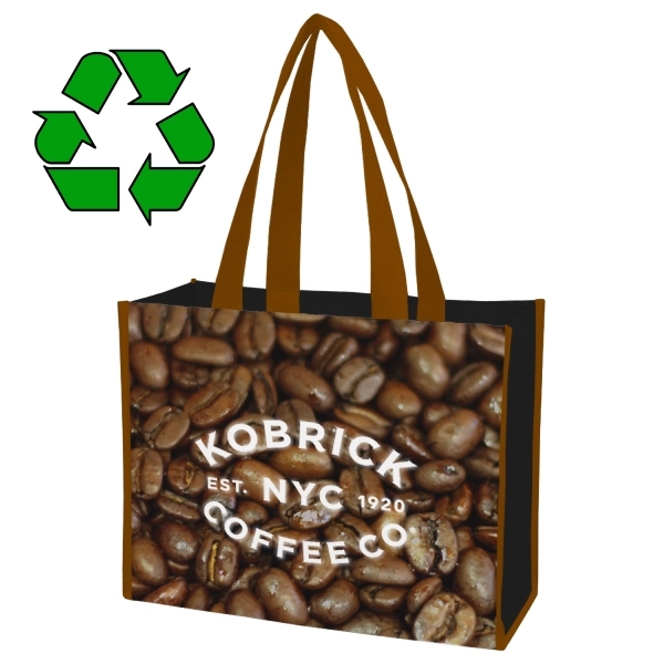 Recycled 100 GSM polypropylene laminated tradeshow tote measuring 16" x 14.5"... from ASI 45657 Pop! Promos / Pop! Promos