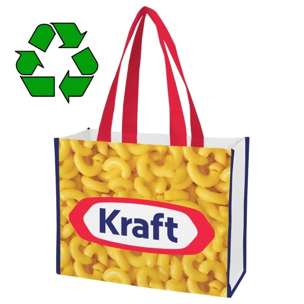 Recycled 100 GSM polypropylene laminated tradeshow tote measuring 16" x 14.5"... from ASI 45657 Pop! Promos / Pop! Promos