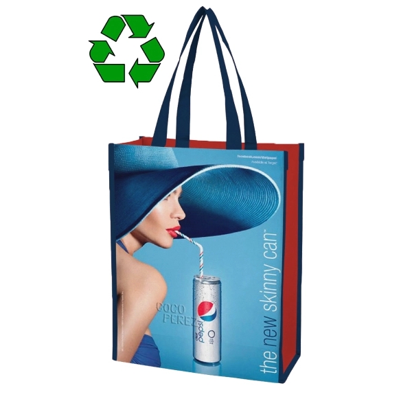Recycled 100 GSM polypropylene laminated lunch tote measuring 9" x 12"... from ASI 45657 Pop! Promos