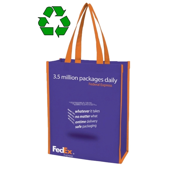Recycled 100 GSM polypropylene laminated lunch tote measuring 9" x 12"... from ASI 45657 Pop! Promos